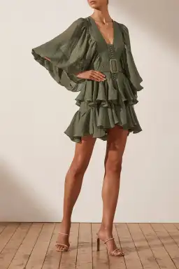 Shona Joy Charlotte Plunged Draped Mini Dress Khaki Size 8 for rent on The Volte - image 1