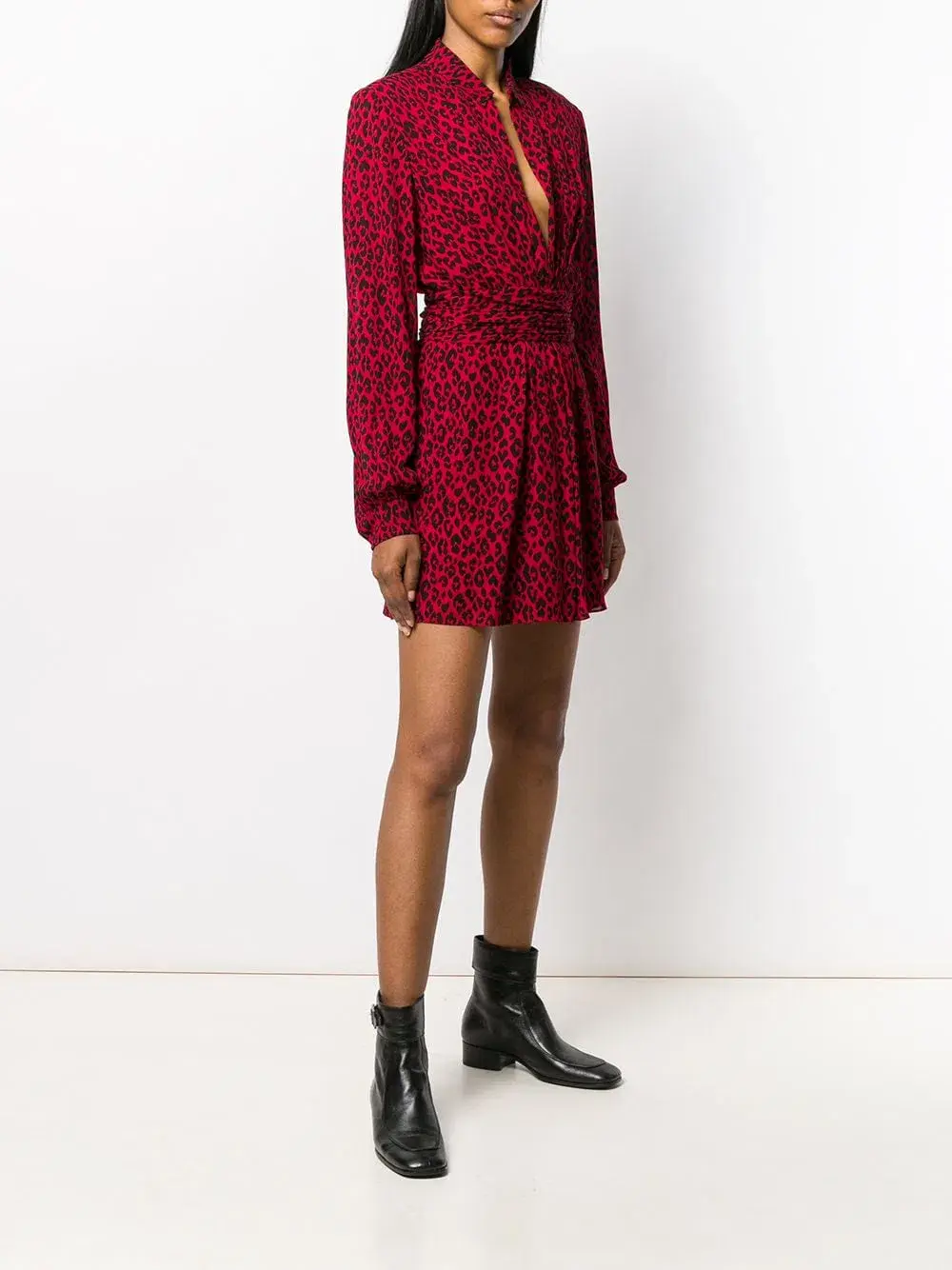 Saint Laurent Long Sleeve Leopard Mini Dress In Red & Black Size 8 for rent on The Volte - main image