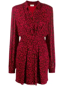 Saint Laurent Long Sleeve Leopard Mini Dress In Red & Black Size 8 for rent on The Volte - image 5