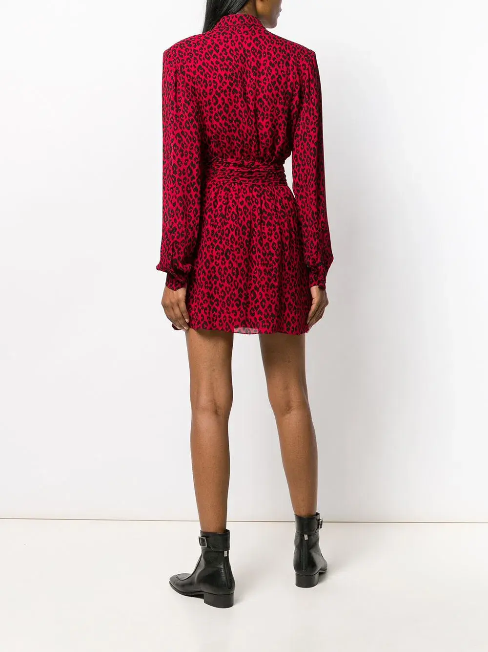 Saint Laurent Long Sleeve Leopard Mini Dress In Red & Black Size 8 for rent on The Volte - main image