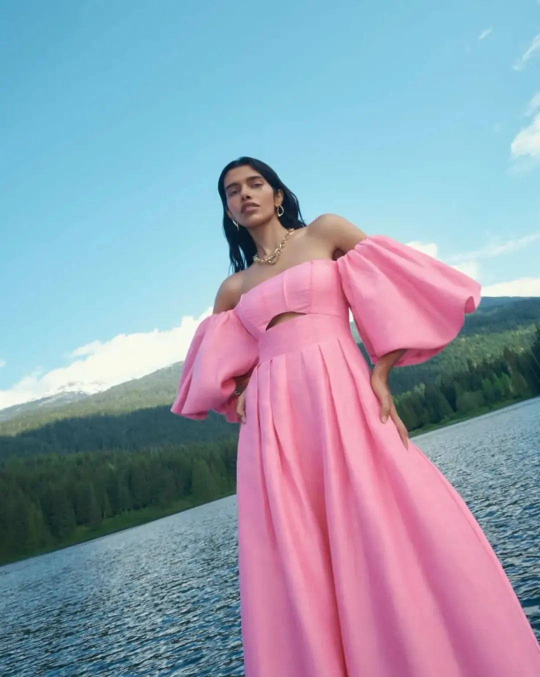 AJE Eugenie Off Shoulder Midi Dress French Rose Pink Size 8 for rent on The Volte - main image