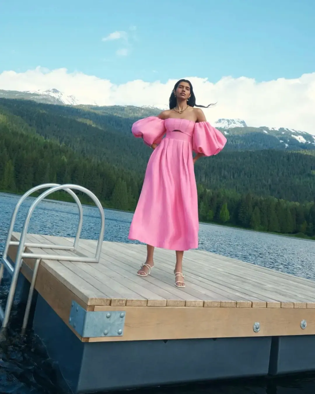 AJE Eugenie Off Shoulder Midi Dress French Rose Pink Size 8 for rent on The Volte - main image