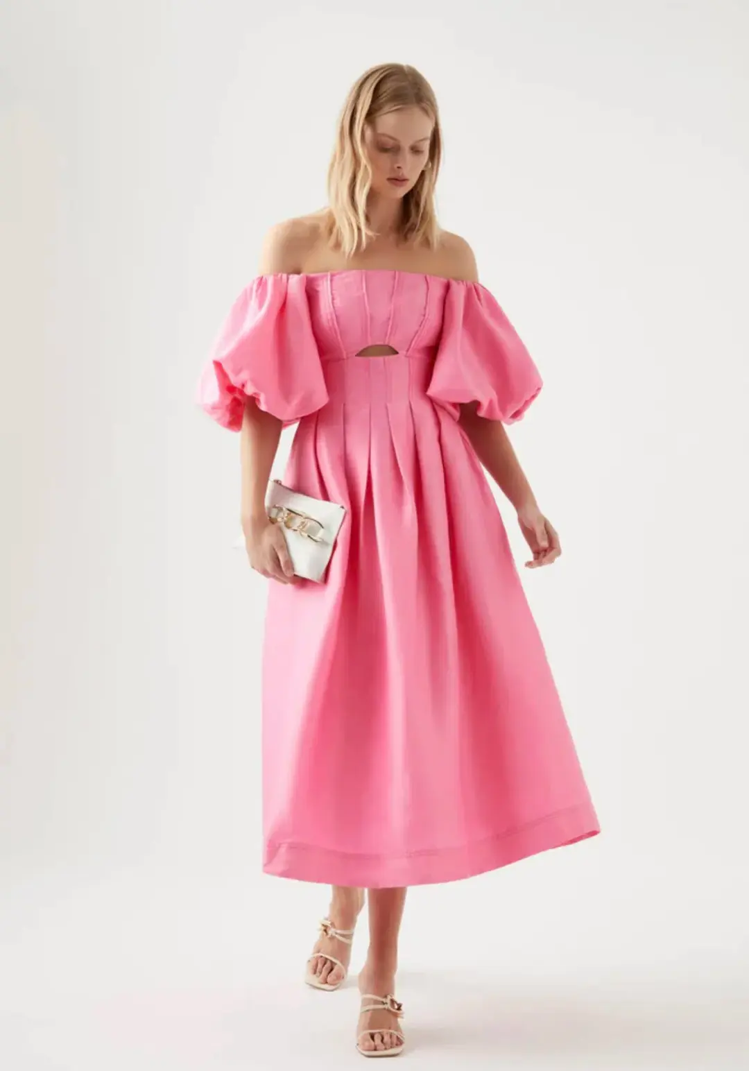 AJE Eugenie Off Shoulder Midi Dress French Rose Pink Size 8 for rent on The Volte - main image