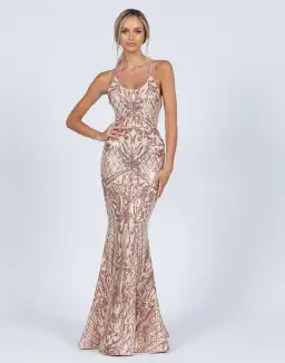 Bariano Serpentine Scoop Gown Gold Sequin Size 10