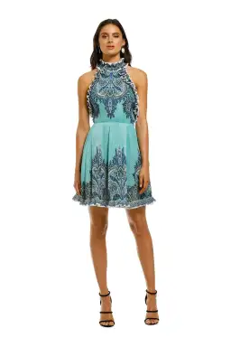 Zimmermann Moncur Ruffle Neck Mini Dress Aqua Paisley Print Size 2/ Au 12 for rent on The Volte - image 1