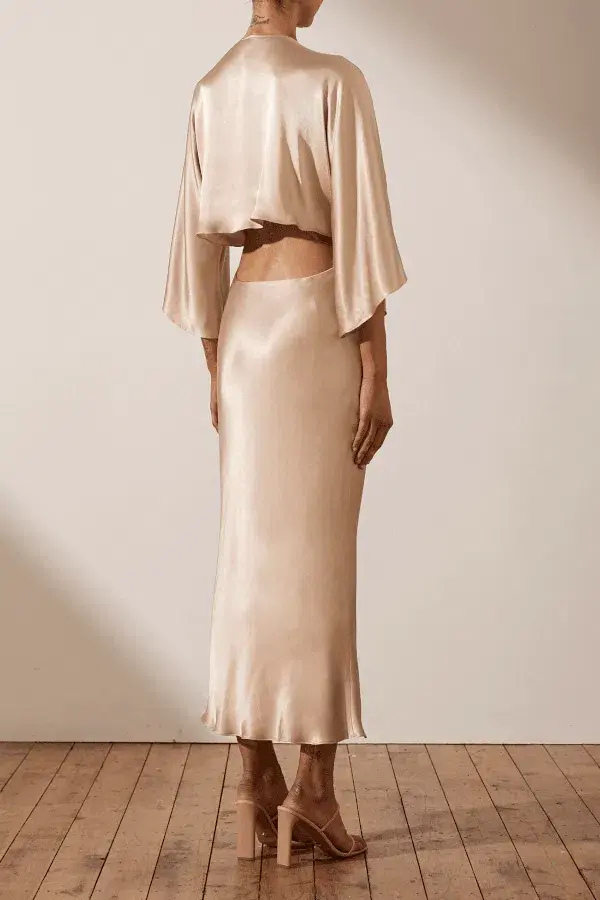 Shona Joy La Lune Tie Front Bias Midi Dress Gold Size 8 - Image 3