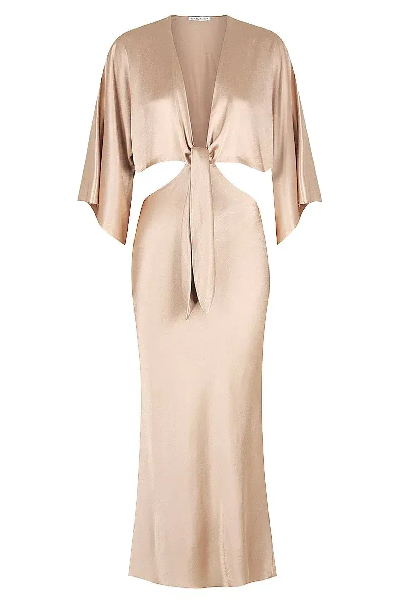 Shona Joy La Lune Tie Front Bias Midi Dress Gold Size 8 - Image 4