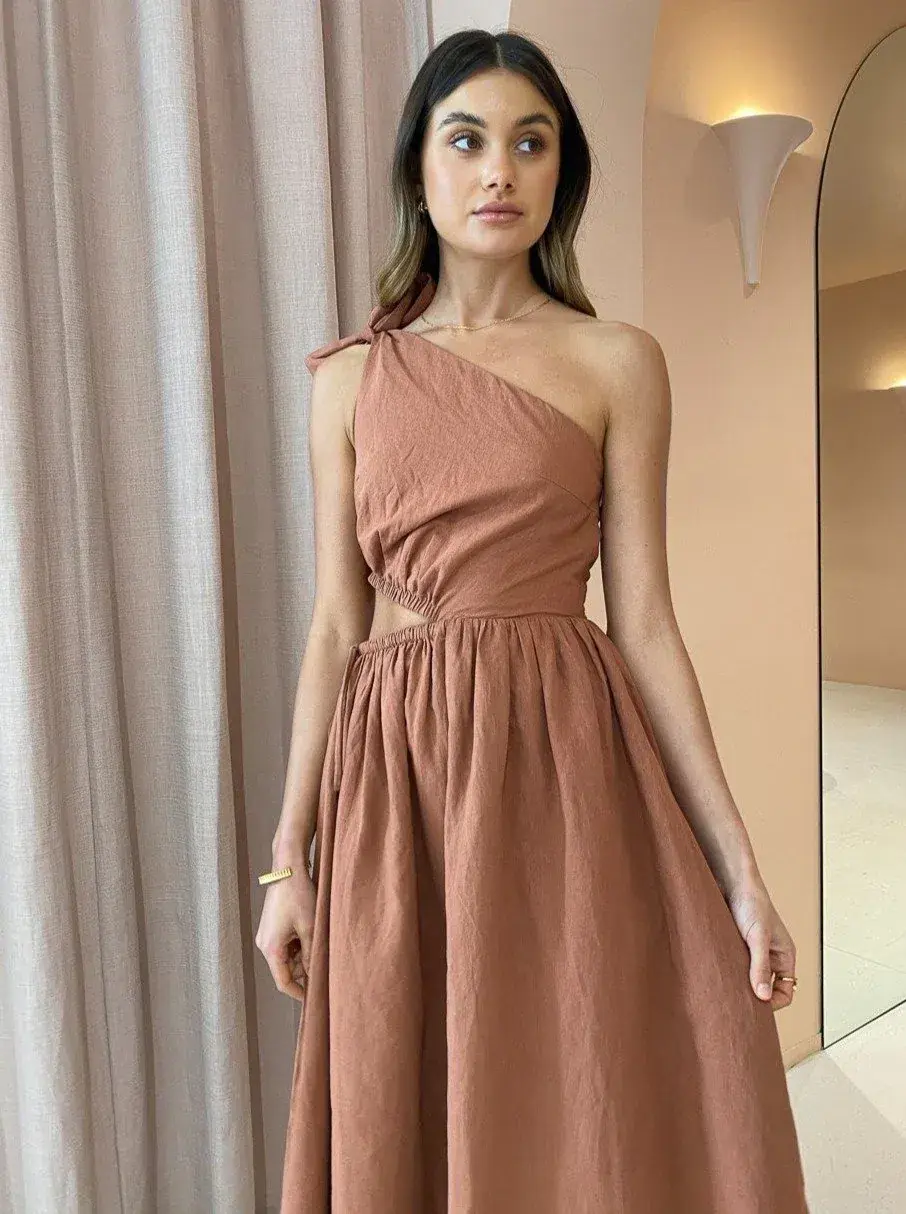 By Nicola Gabriella One Shoulder Midi Dress Desert Brown Size 6 for rent on The Volte - main image