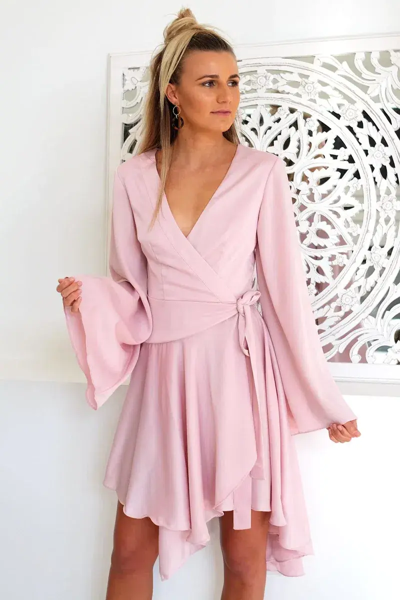 Keepsake Oceans Long Sleeve Wrap Mini Dress Pink Blush Size M / Au 10 for rent on The Volte - main image