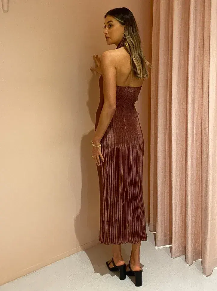 Lidee Soiree Halter Midi Dress in Chocolate Brown Size 12 for rent on The Volte - main image