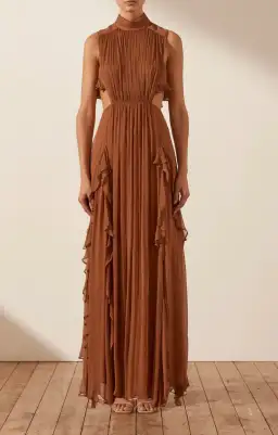 Shona Joy Leonie Backless Frill Maxi Dress in Almond Brown Size 6