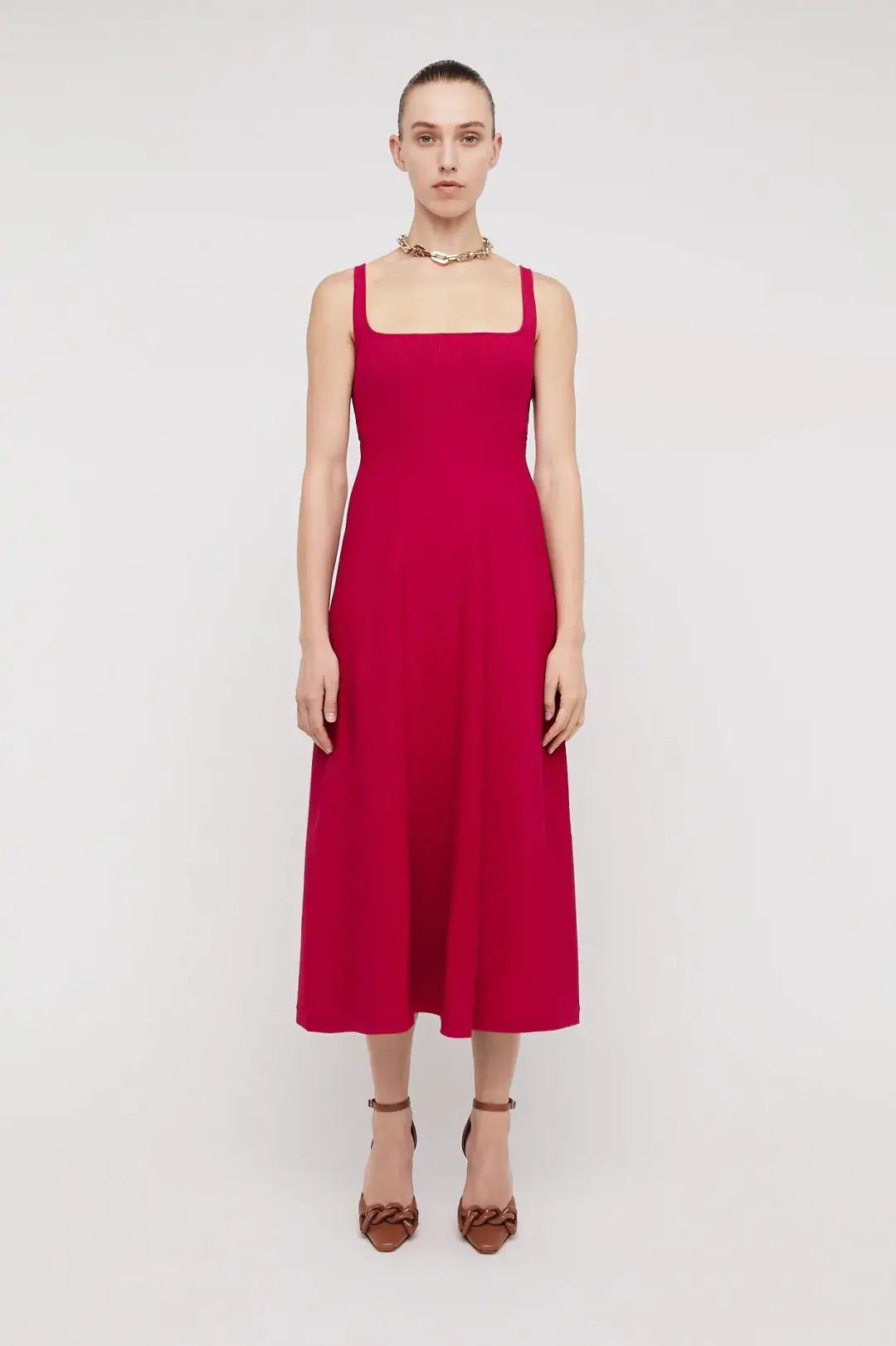 Scanlan Theodore Crepe Knit Square Neck Dress in Raspberry Red Size S/ AU 8 for rent on The Volte - main image