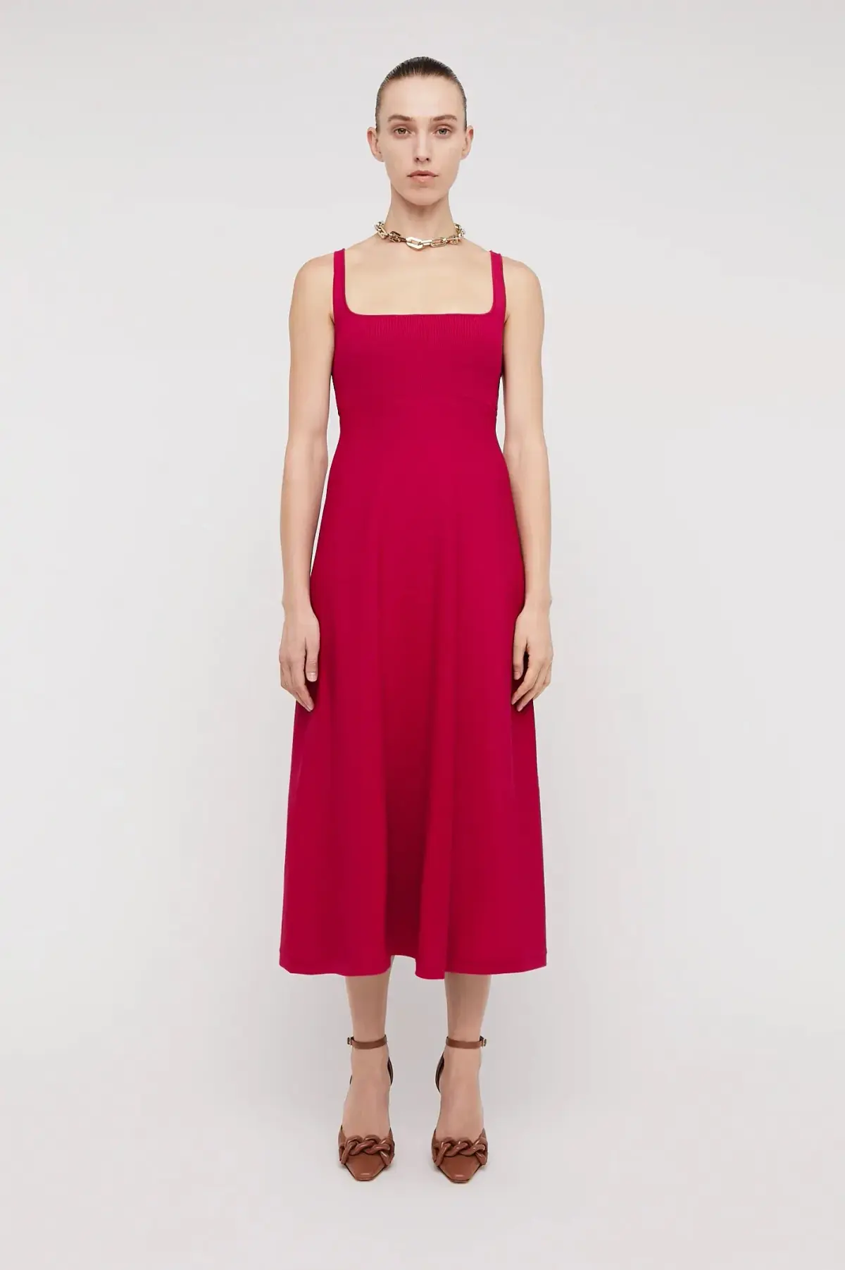 Scanlan Theodore Crepe Knit Square Neck Dress in Raspberry Red Size S/ AU 8 - Image 1