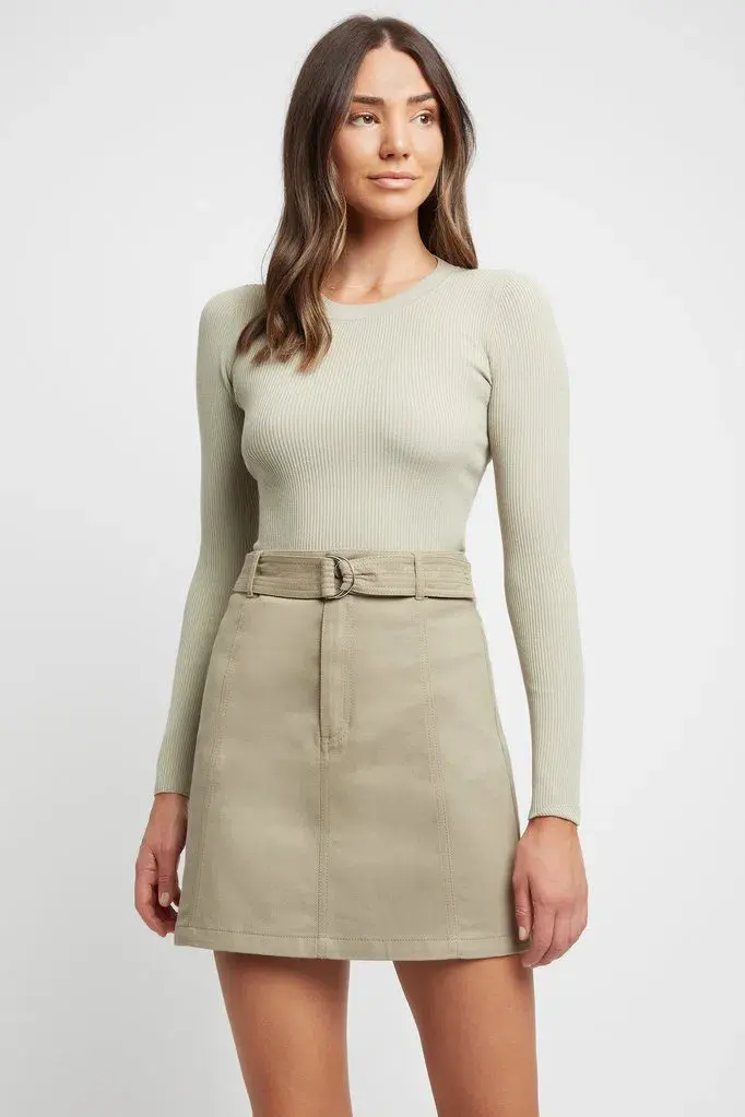 Kookai Dublin Belted D-Ring Skirt in Moss Gray Green Size 10 for rent on The Volte - main image