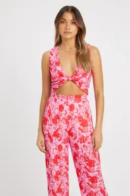 Kookai Tiah Knot Top And Pant Set Red Floral Print Size 8