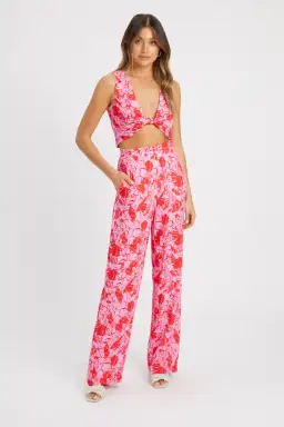 Kookai Tiah Knot Top And Pant Set Red Floral Print Size 8