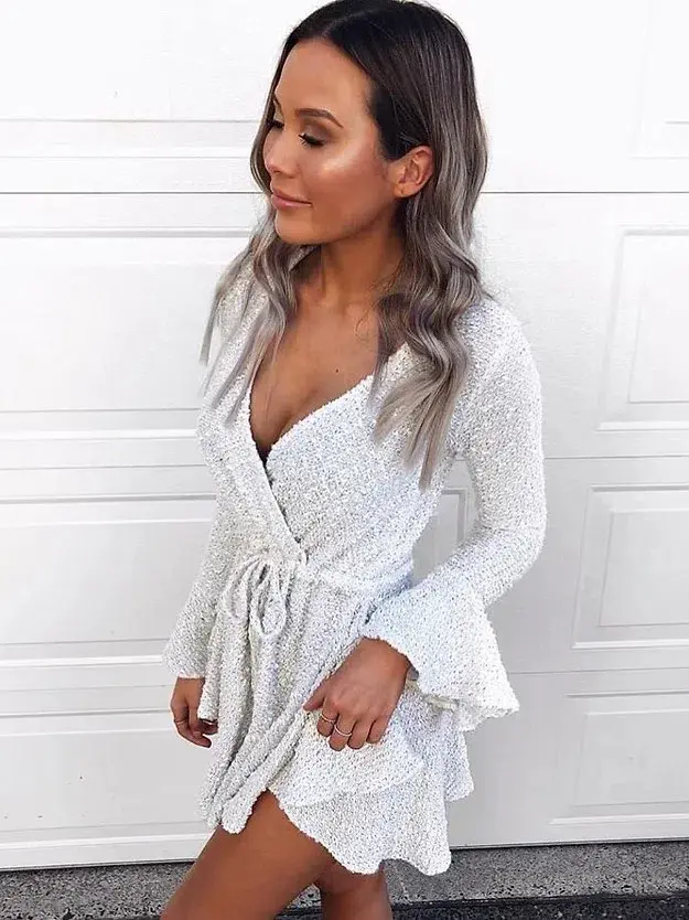 Shona Joy Aimee Frill Cuff Mini Dress Silver White Size XS/ Au 6 - Image 2