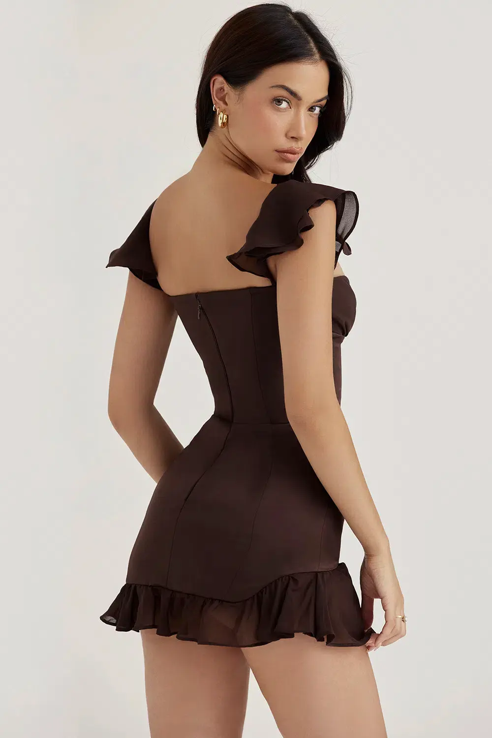 House of CB Dionne Espresso Ruffle Corset Mini Dress Brown Size XS / Au 8 for rent on The Volte - main image