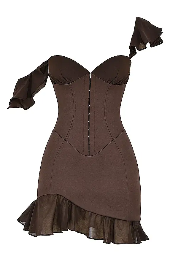 House of CB Dionne Espresso Ruffle Corset Mini Dress Brown Size XS / Au 8 for rent on The Volte - main image