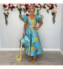 Leo Lin Marguerite Bleu Puff Top and Maxi Skirt Set Blue Print Size 10 for rent on The Volte - image 1