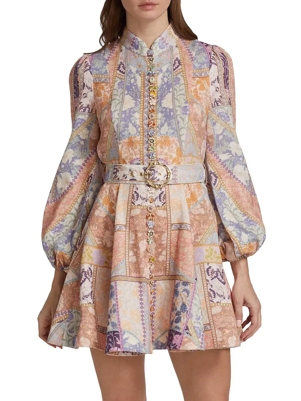 Zimmermann Kaleidoscope Buttoned Mini Dress Multi Swirl Floral Size 1 / Au 10 for rent on The Volte - main image
