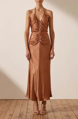 Shona Joy Gala Halter Ruched Midi Dress in Copper Size 8 for rent on The Volte - image 1
