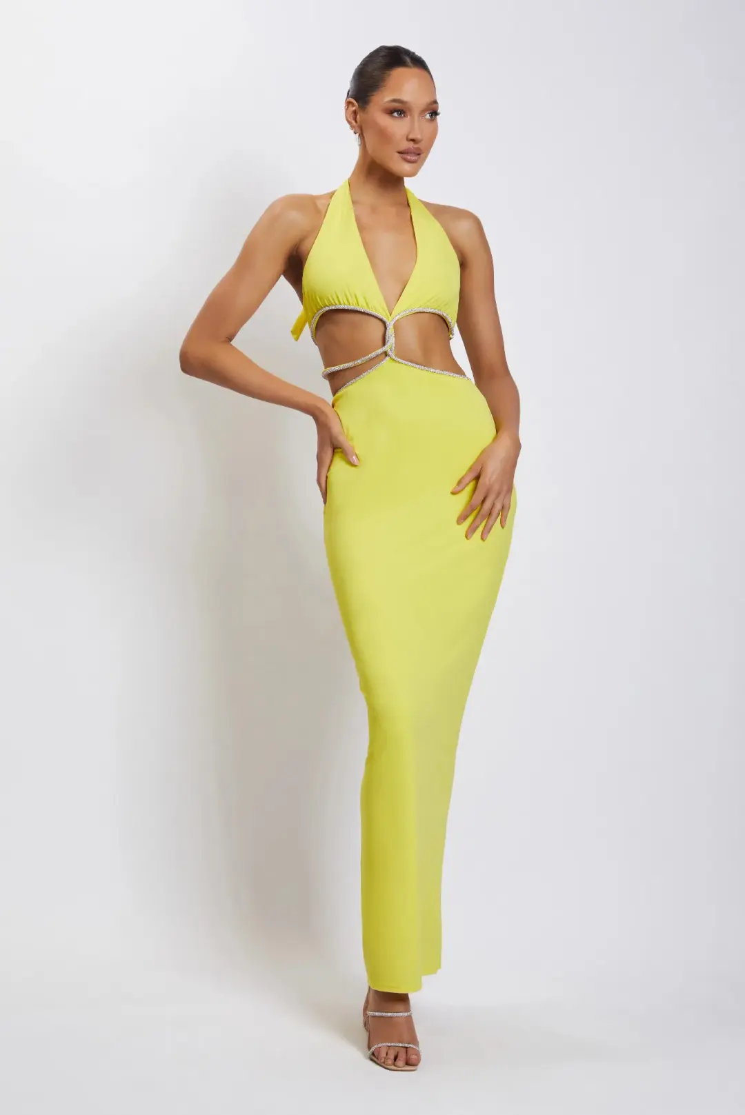 Meshki Nicha Diamante Cut Out Midi Dress Yellow Size 8 for rent on The Volte - main image