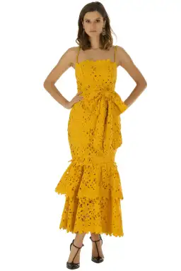 Bambah Double Ruffle Lace Midi Dress Yellow Size 12