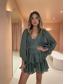 Shona Joy Charlotte Plunged Draped Mini Dress - Khaki sz 10