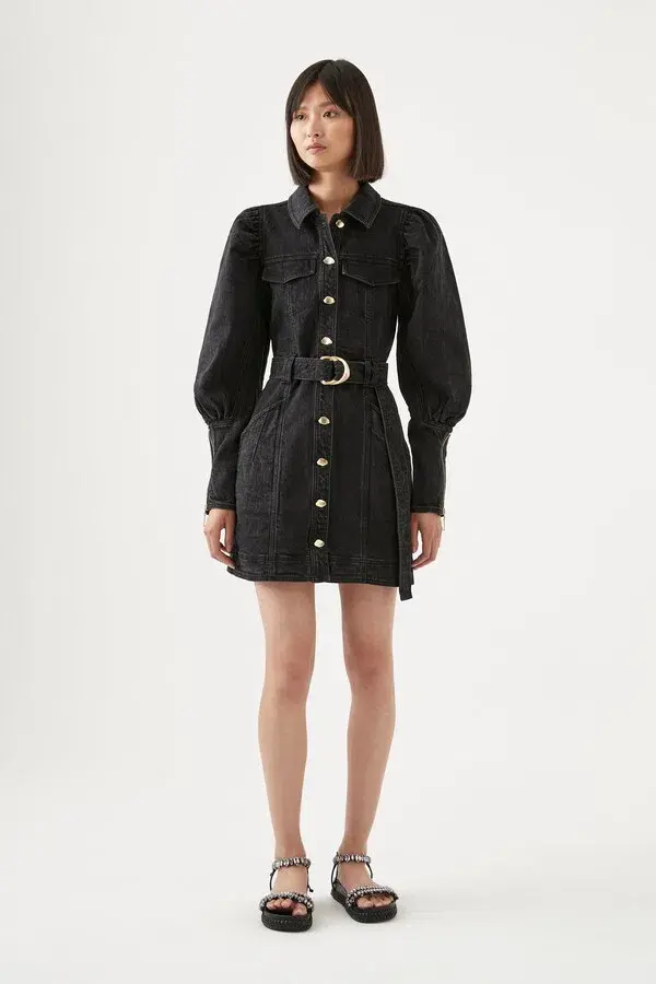 Aje Dione Denim Long Sleeve Mini Dress Black Size 8 for rent on The Volte - main image