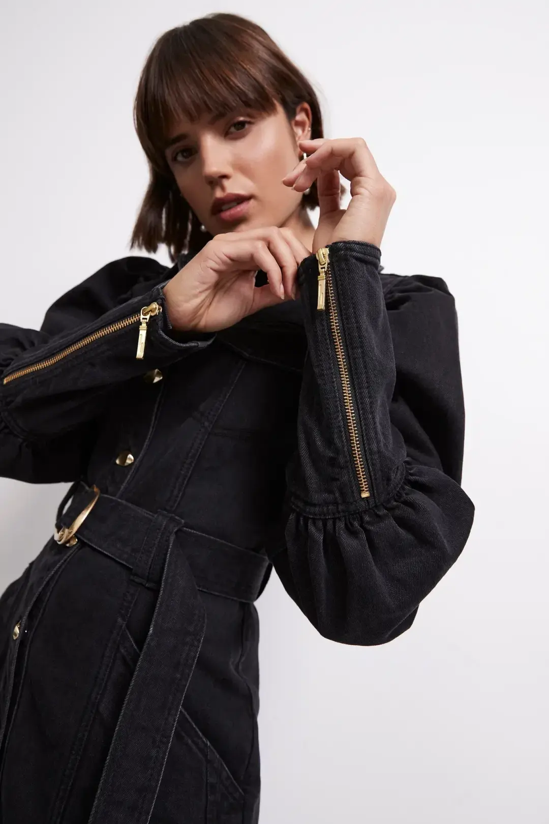 Aje Dione Denim Long Sleeve Mini Dress Black Size 8 for rent on The Volte - main image