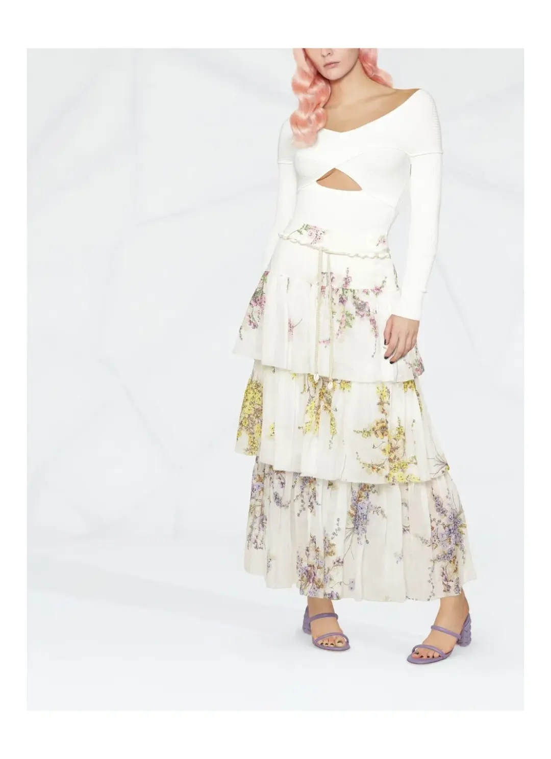 Zimmerman Jude Tiered Midi Skirt White Floral Size 2/ AU 12 for rent on The Volte - main image