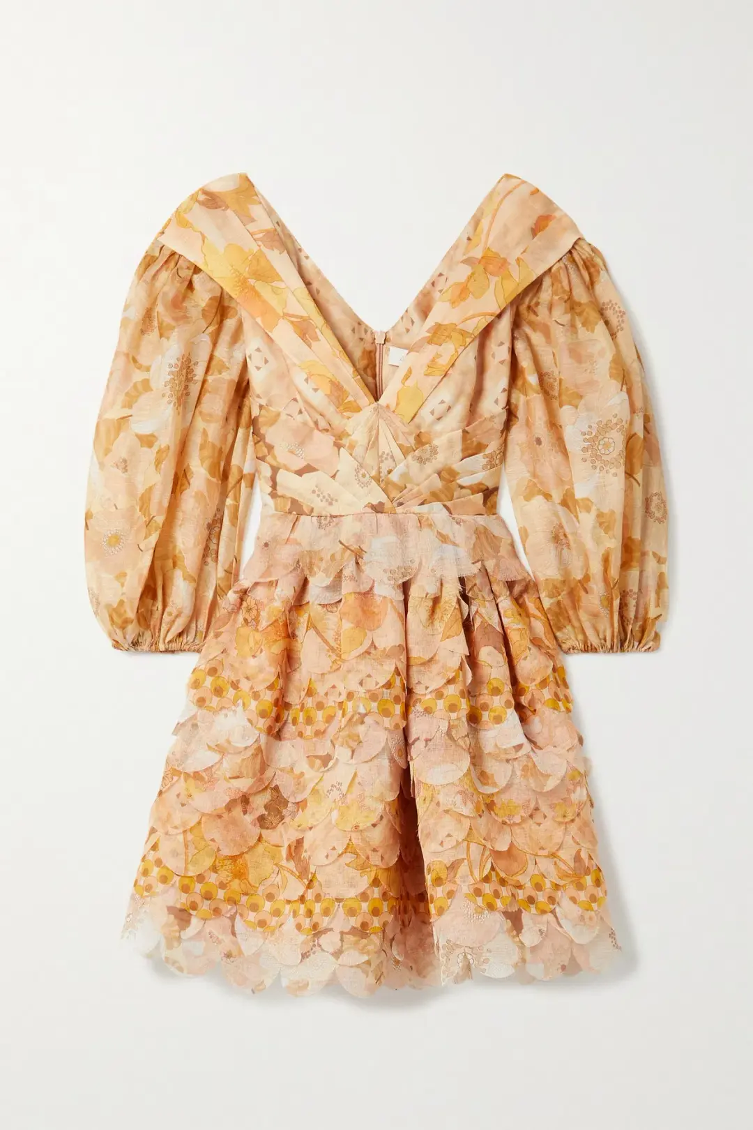 Zimmermann Tempo Scalloped Mini Dress Gold Mixed Print Size 3 for rent on The Volte - main image