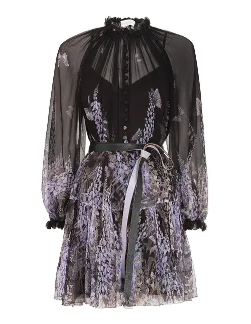 Zimmermann Botanica Lantern Mini Dress Black/Purple Size 0 / Au 8 for rent on The Volte - main image