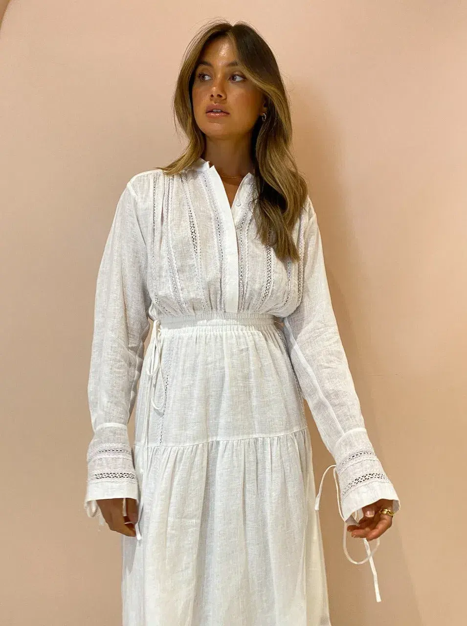 Shona Joy Adriana Linen Long Sleeve Midi Dress in Rice White Size 10 for rent on The Volte - main image