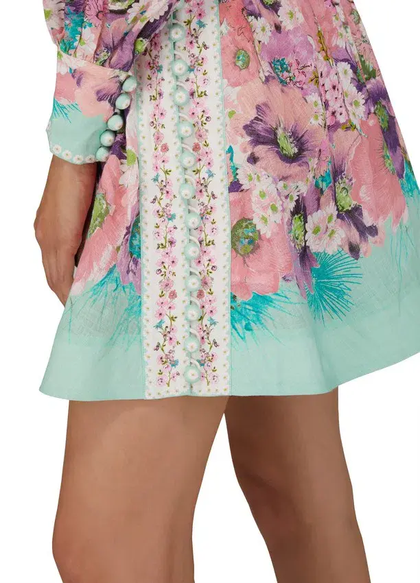 Zimmermann Jude Buttoned Mini Dress Aqua Gradient Floral Size 0P / Au 6 for rent on The Volte - main image