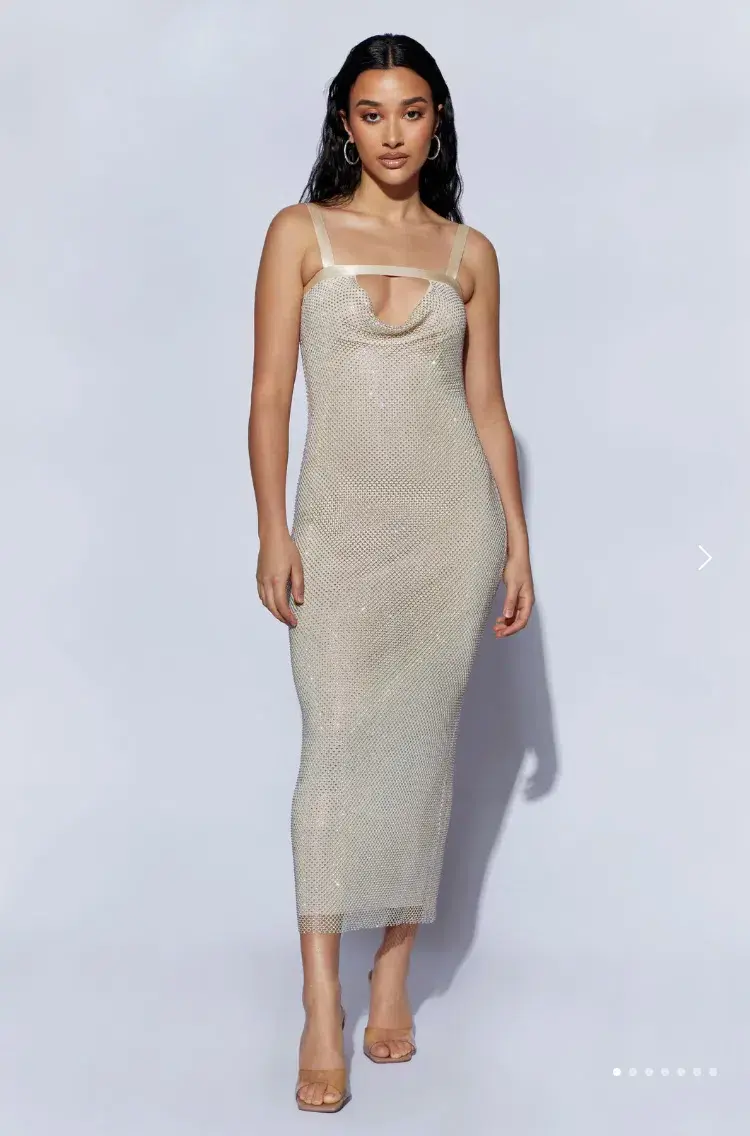 Meshki Mehry Diamante Mesh Cowl Dress Cream Size M-L / Au 10-12 for rent on The Volte - main image