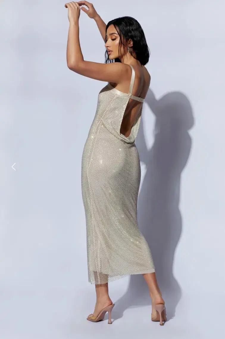 Meshki Mehry Diamante Mesh Cowl Dress Cream Size M-L / Au 10-12 for rent on The Volte - main image