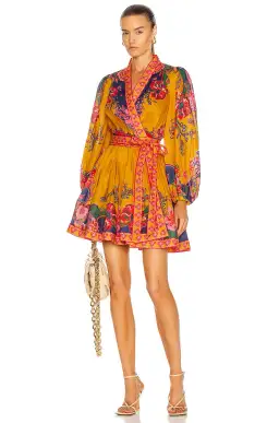 Zimmermann Lovestruck Wrap Mini Dress Gold Paisley Floral Size 3/Au 14