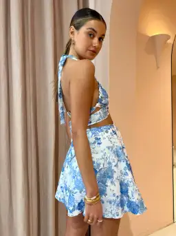 Sofia Moda Cut Out Mini Dress In Sky Blue Floral Size S/Au 8 for rent on The Volte - image 3