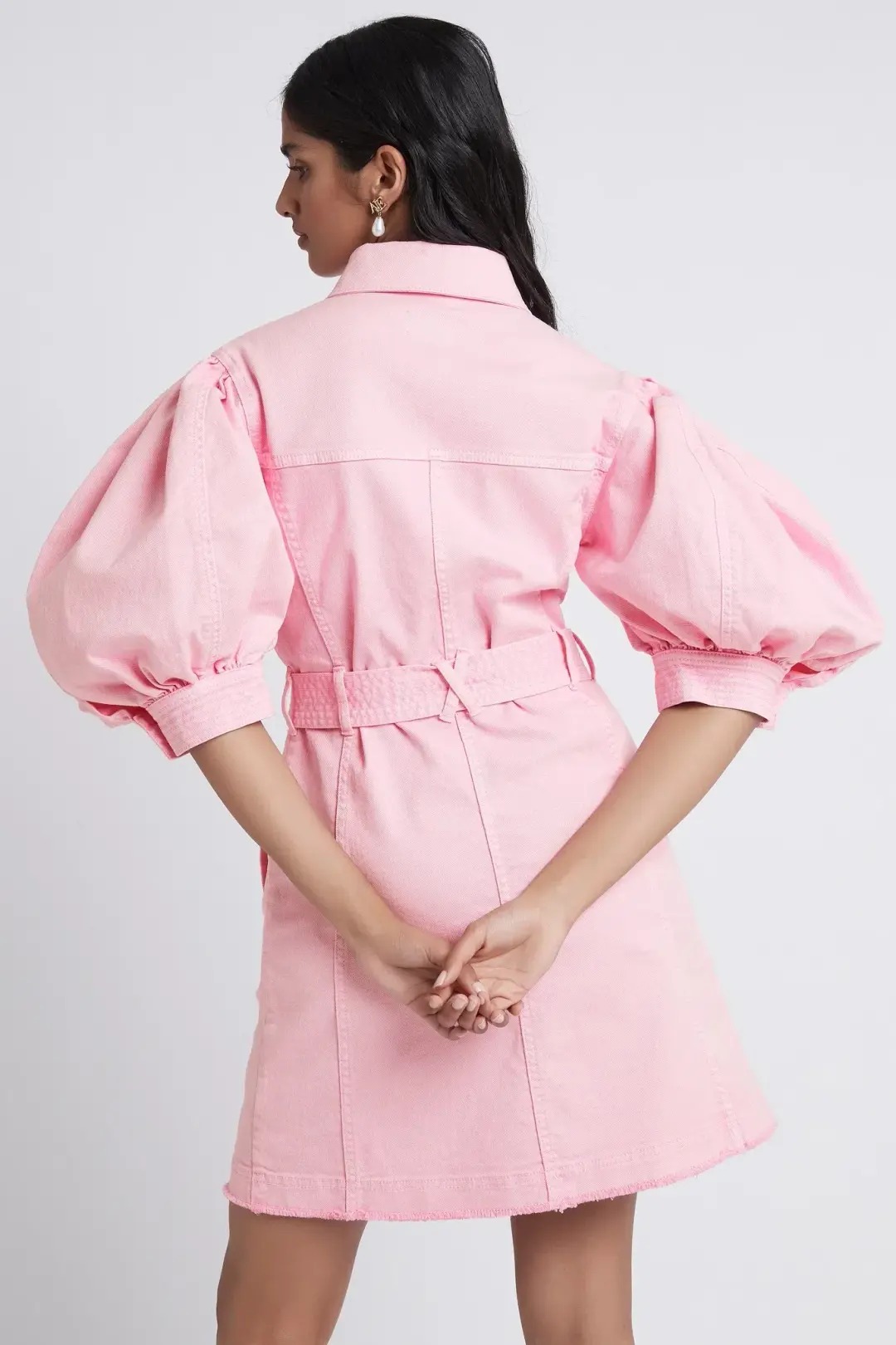 Aje Triada Button Denim Puff Sleeve Dress Pink Size 8 for rent on The Volte - main image