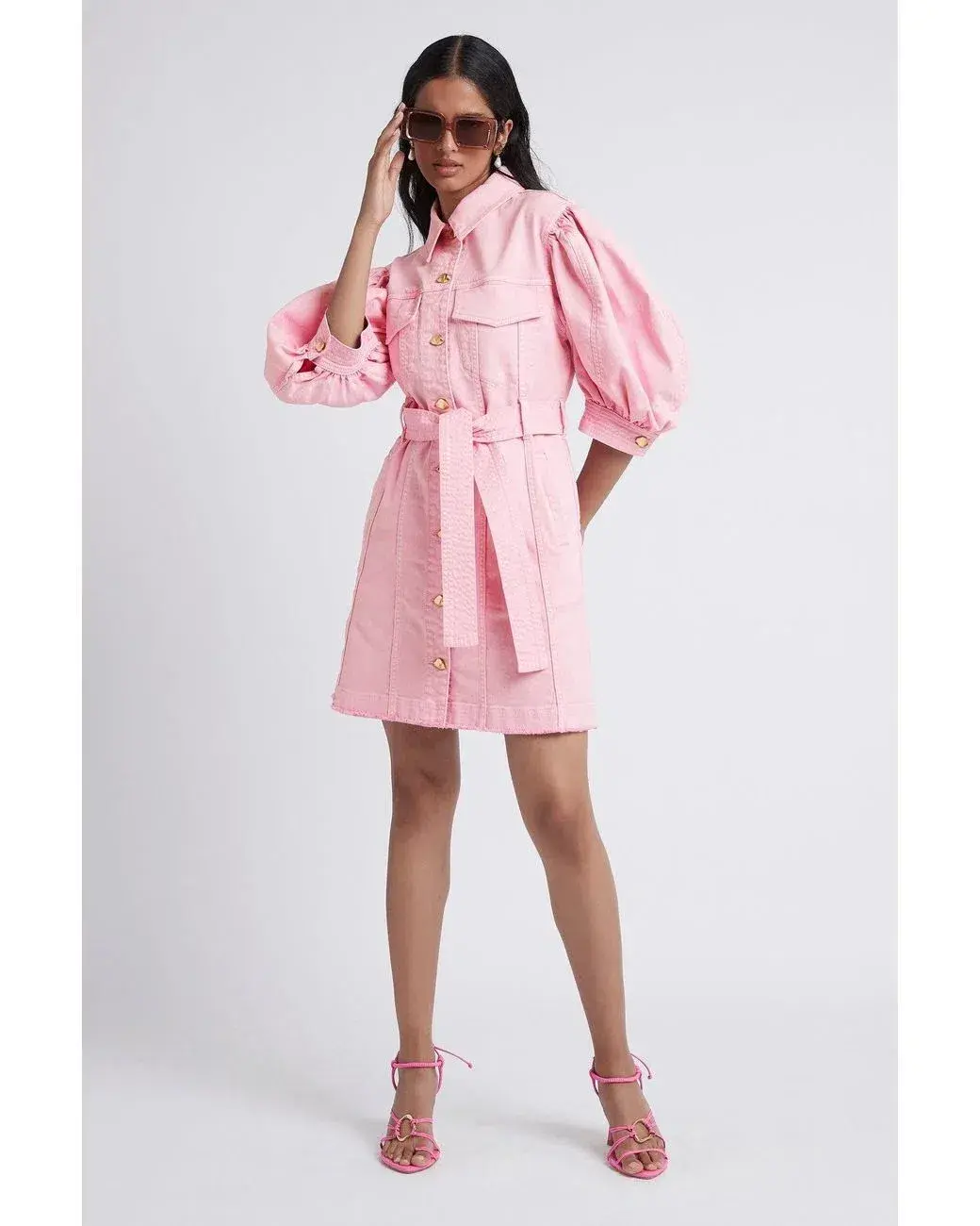 Aje Triada Button Denim Puff Sleeve Dress Pink Size 8 for rent on The Volte - main image