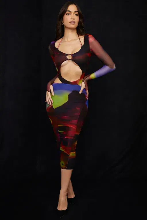 House of CB Marina Printed Cut Out Midi Dress Print Size S / Au 8 for rent on The Volte - main image