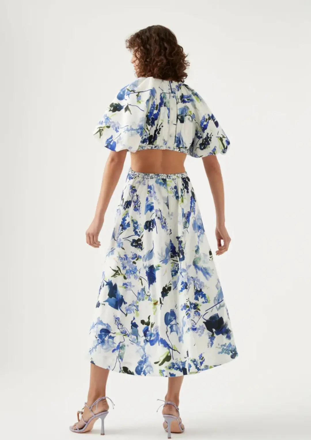 Aje Capucine Puff Sleeve Midi Dress Blue Floral Size 10 for rent on The Volte - main image