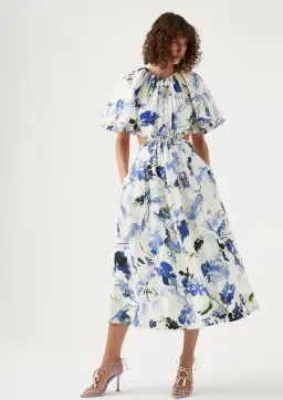 Aje Capucine Puff Sleeve Midi Dress Blue Floral Size 10 for rent on The Volte - image 1