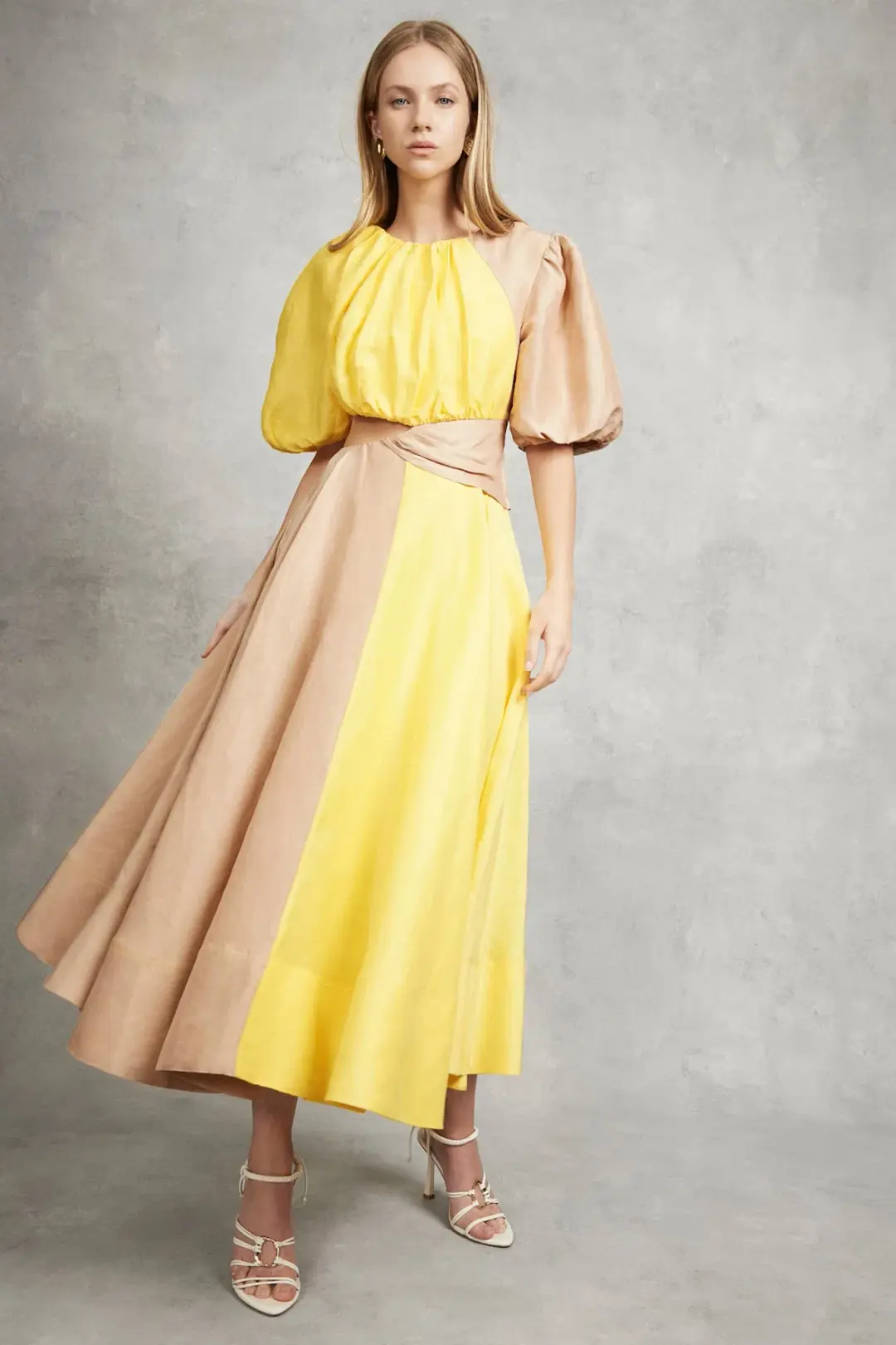 Aje Caliente Two Tone Puff Sleeve Dress Yellow/Nude Size 16 for rent on The Volte - main image
