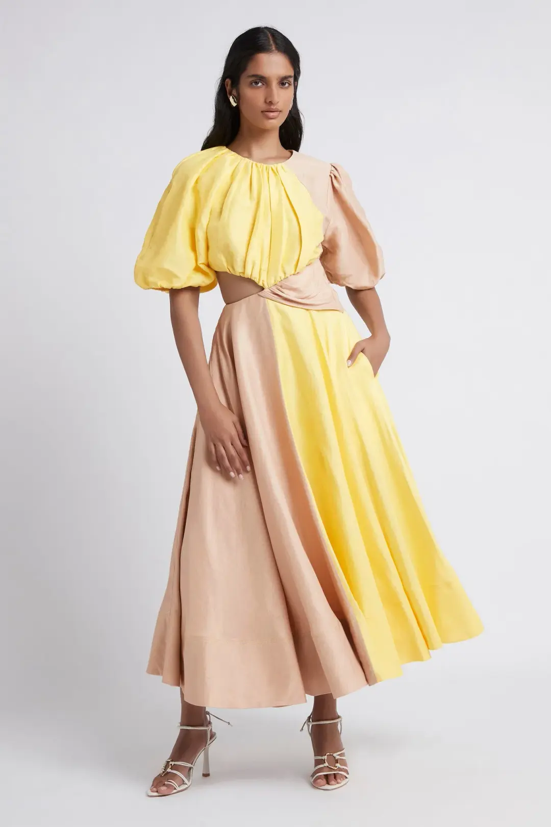 Aje Caliente Two Tone Puff Sleeve Dress Yellow/Nude Size 16 for rent on The Volte - main image