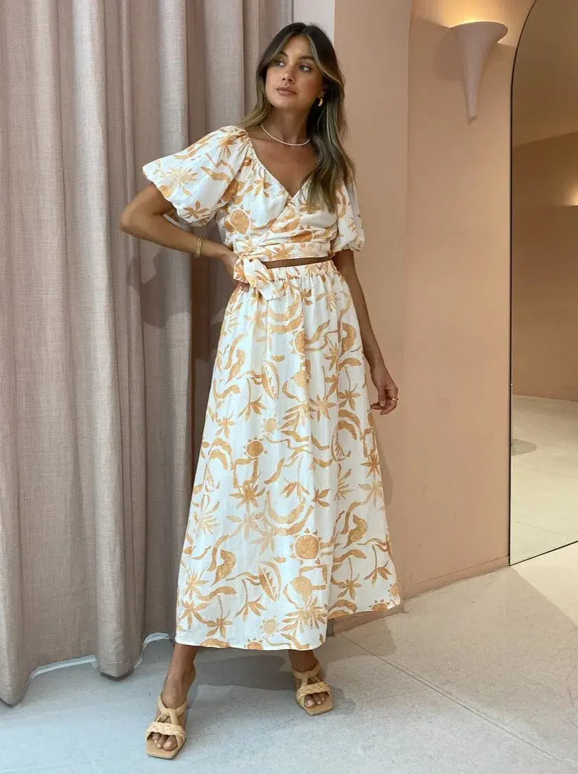 Steele Jules Skirt and Murphy Top in Sand Palmette Print Size M/AU 10 for rent on The Volte - main image