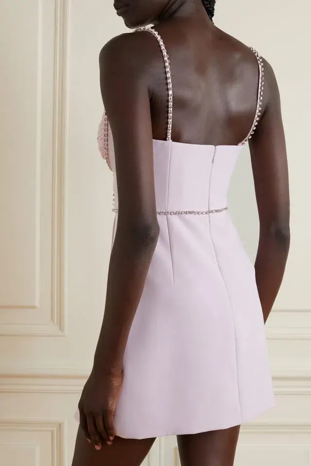 Self Portrait Crystal Embellished Crepe and Ruched Chiffon Mini Dress Pink Size 8 for rent on The Volte - main image