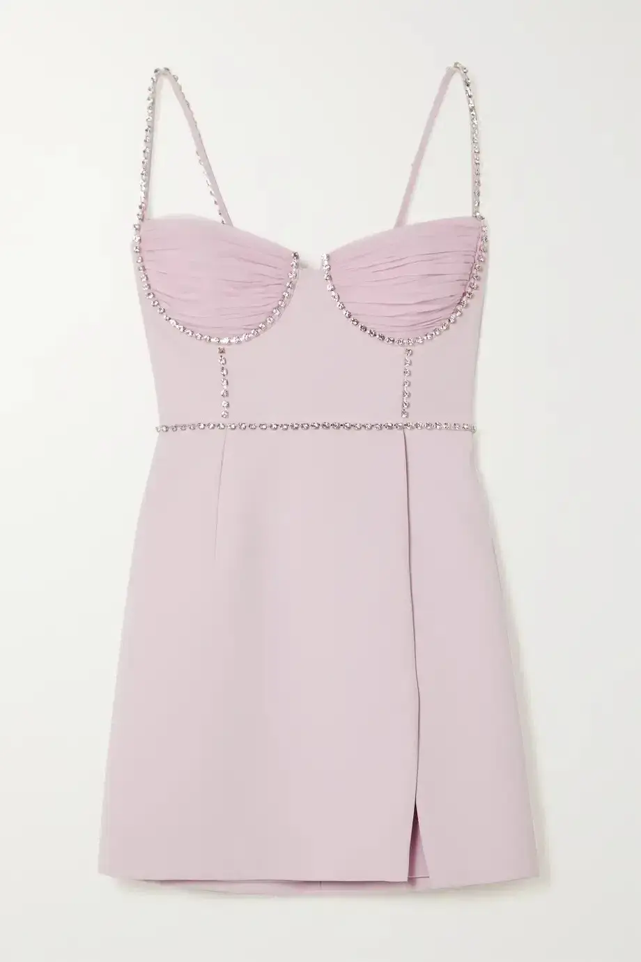 Self Portrait Crystal Embellished Crepe and Ruched Chiffon Mini Dress Pink Size 8 for rent on The Volte - main image